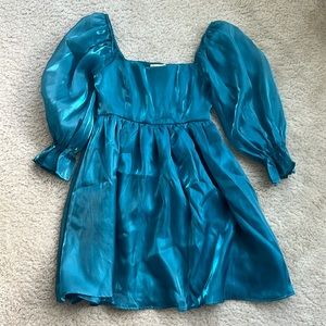 Sheer Teal Puff Sleeve Babydoll Dress - XS